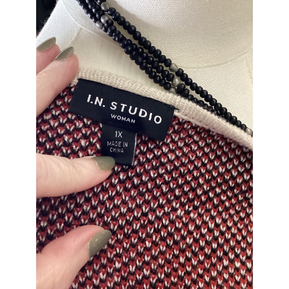 I.N. Studio Woman Red Black White Plaid Longline Cardigan Duster 1X NWT - Picture 5 of 6